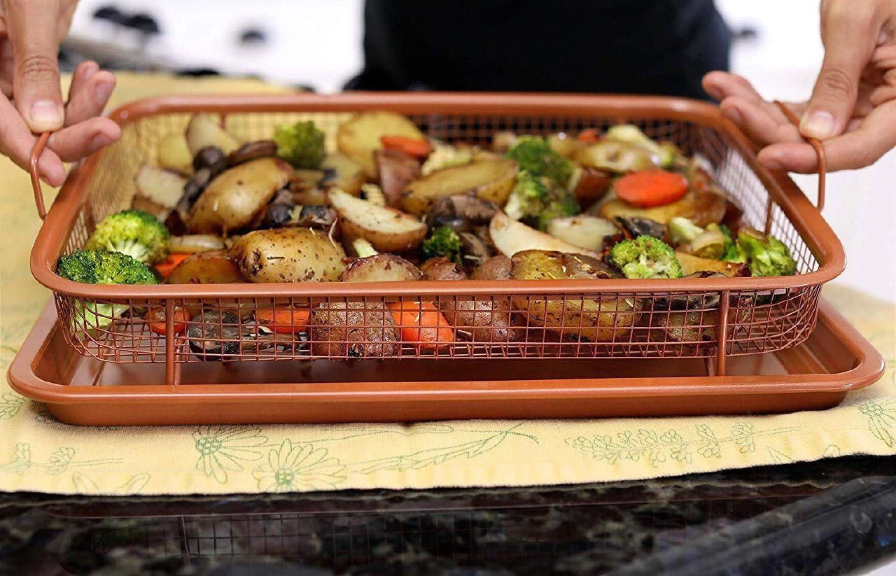 صينية كريسبر غير لاصقة مع سلة شواء ، قطعتين - بني